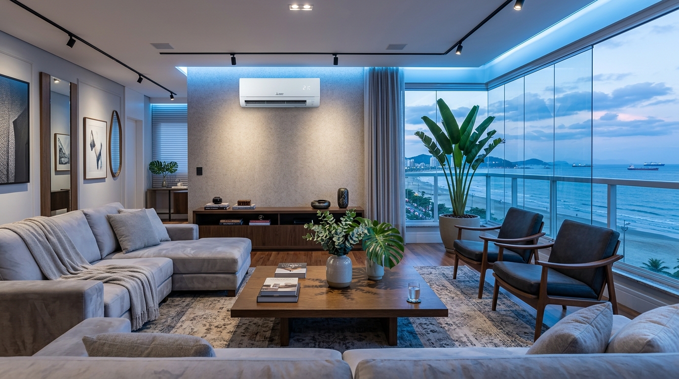 Apartamento premium em Santos com ar-condicionado MRE instalado e vista para o mar