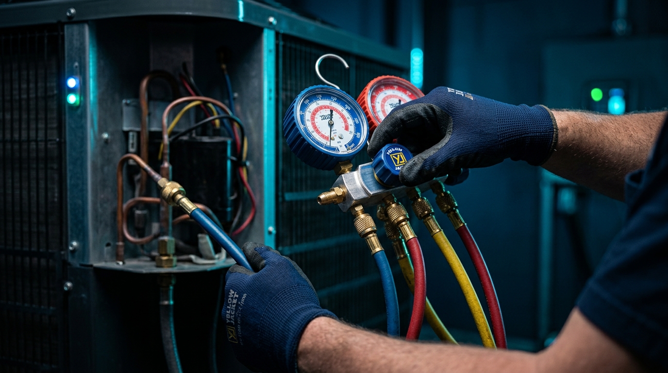 Técnico MRE utilizando manômetros de refrigeração durante manutenção de ar-condicionado