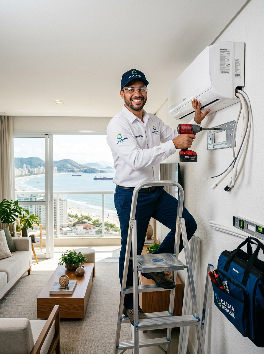 Técnico MRE Climatização instalando ar-condicionado em apartamento em Santos